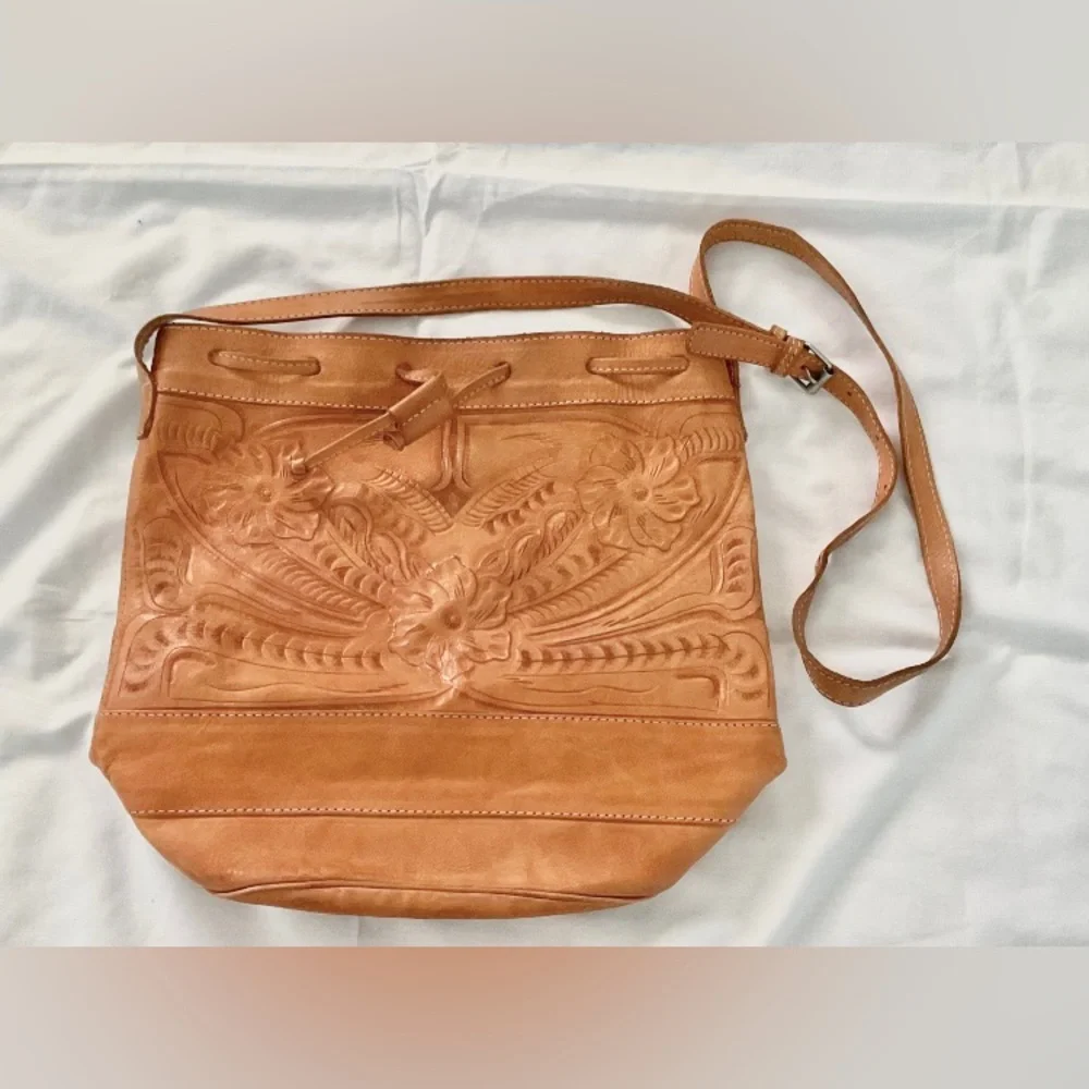 Tan Leather Bucket Bag with Embossed Detail